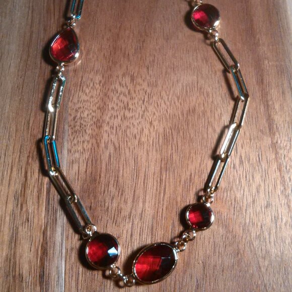 Simulated Ruby Ion Plate Yellow Gold Stainless Steel Paperclip Necklace - Picture 2 of 13